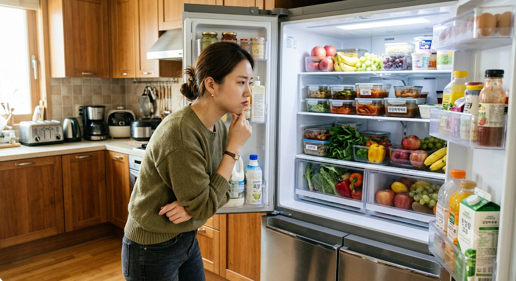 냉장고을 열고 여러 음식들을 바라보면 어떤 요리를 할것인지 고민하는 모습